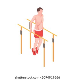 Workout-isometrische Zusammensetzung der Menschen mit Charakter männlichen Sportler mit Aufziehen auf parallelen Balken Vektorgrafik Vektorgrafik