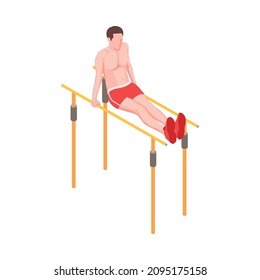 Workout isometric people composition with character of male athlete pulling legs on parallel bars vector illustration
