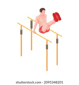 Workout isometric people composition with character of male athlete pulling legs on parallel bars vector illustration