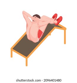 Workout isometric people composition with character of male athlete doing abdominal crunches on board vector illustration