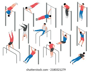 Workout Isometric Set With Men Doing Push Ups And Pulls Ups On Bars Isolated 3d Vector Illustration