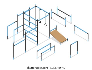 Workout Isometric Street Area Elements. Outdoor Gymnastic Or Athletic Gym Equipment Isolated On White. City Public Park Street Workout Zone. Sport Park Constructor