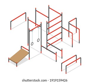 Workout isometric street area elements. City public park street workout zone. Sport park constructor. Outdoor gymnastic or athletic gym equipment isolated on white