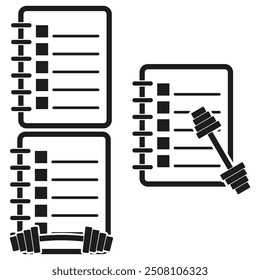 Workout journal icon. Fitness log symbol. Dumbbell and notebook graphic. Vector fitness plan.