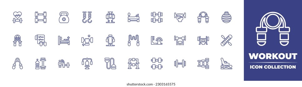Workout line icon collection. Editable stroke. Vector illustration. Containing heart rate, dumbbell, kettlebell, hooks, gym, pilates, exercise, jump rope, pilates ball, skipping rope, checklist.