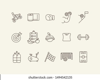 Workout line icon set. Game, sport equipment, diet. Healthy lifestyle concept. Can be used for topics like training, wellness, exercising