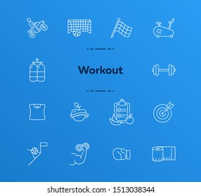 Workout line icon set. Game, sport equipment, diet. Healthy lifestyle concept. Can be used for topics like training, wellness, exercising