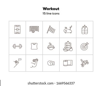 Workout line icon set. Game, sport equipment, diet. Healthy lifestyle concept. Can be used for topics like training, wellness, exercising