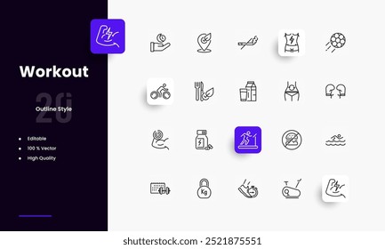 Workout lines icon set. Workout genres and attributes. Linear design. Lines with editable stroke. Isolated vector icons.