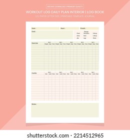 Workout Log Daily Plan Interior | Workout Log Planner | Workout Log Book | Workout Daily Log