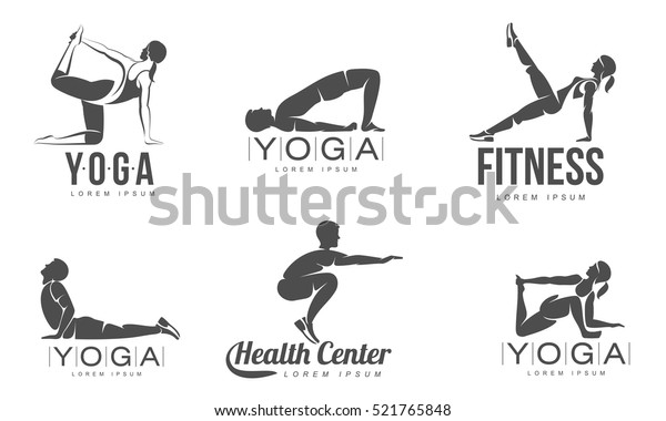 Workout mural. Fitness, Aerobic and workout exercise in gym. Vector set of workout logo isolated on white background.