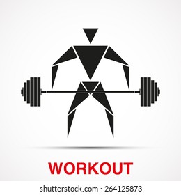 Workout logo with triangle man and barbell. Vector Illustration isolated on background