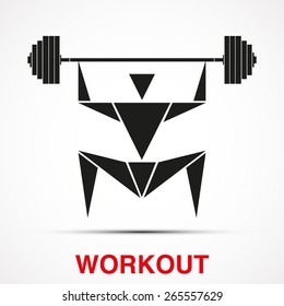 Workout logo with triangle man and barbell. Vector Illustration isolated on background