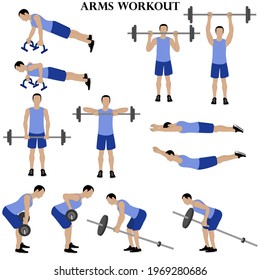 Workout man set. Arms workout illustration on the white background. Vector illustration