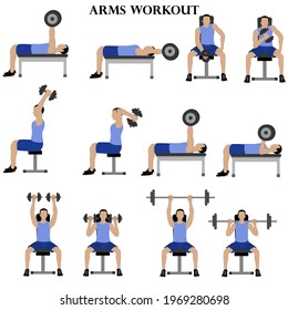 Workout man set. Arms workout illustration on the white background. Vector illustration