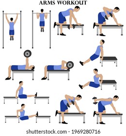 Workout man set. Arms workout illustration on the white background. Vector illustration