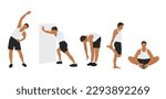 Workout man set. Man doing fitness exercises. Warm up before gym. Full body workout. Warming up, stretching. Flat vector illustration isolated on white background