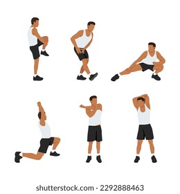 Workout man set. Man doing fitness exercises. Full body stretching. Warming up and stretch. Flat vector illustration isolated on white background