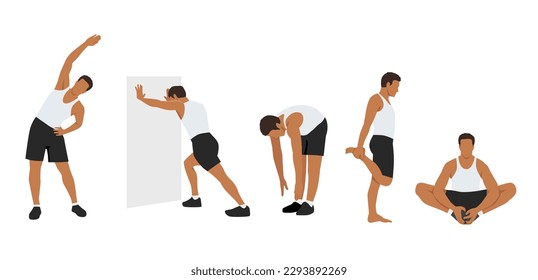 Workout man Set. Mann, der Fitnessübungen macht. Warme vor dem Fitnessraum auf. Ganzes Training. Aufwärmen, Dehnen. Flache Vektorgrafik einzeln auf weißem Hintergrund