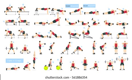 Workout man set. Fat man doing fitness and yoga exercises. Lunges and squats, plank and abc. Full body workout.