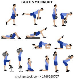Workout man set. Glutes workout illustration on the white background. Vector illustration
