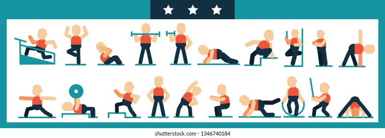 Workout man set. Male doing fitness exercises.