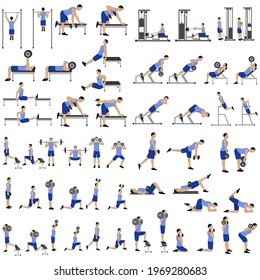 Workout man set. Male doing fitness exercises illustration on the white background. Vector illustration