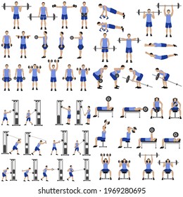 Workout man set. Male doing fitness exercises illustration on the white background. Vector illustration