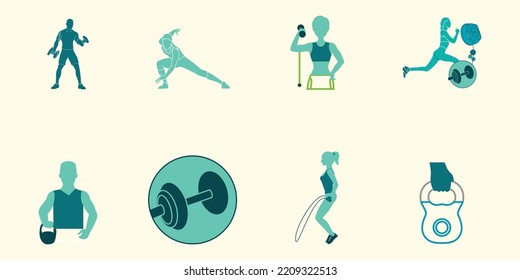 Workout Men And Girl Set. Woman Doing Fitness And Yoga Exercises, Gym Workout, Gym Class Icon Vector Illustration.