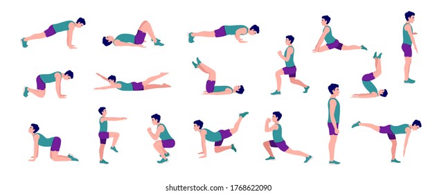 Workout Men Set. Men Doing Fitness And Yoga Exercises. Lunges And Squats, Plank,Push Up,Mountain Climber, V-up,Bird Dog, Crunches And Abc. Full Body Workout.