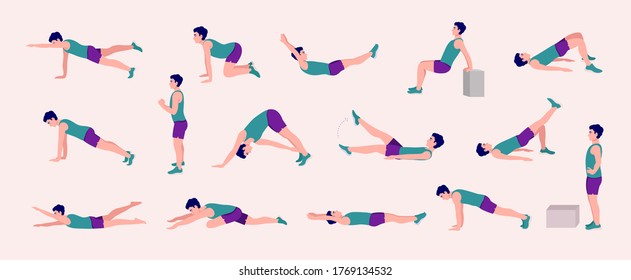 Workout Men set. Men doing fitness and yoga exercises. Lunges and squats, plank,Push Up,Mountain Climber, V-up,Bird Dog, Crunches and abc. Full body workout.