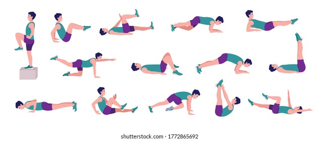 Workout Men set. Men doing fitness and yoga exercises. Lunges and squats, plank,Push Up,Mountain Climber, V-up,Bird Dog, Crunches and abc. Full body workout.