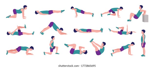 Workout Men set. Men doing fitness and yoga exercises. Lunges and squats, plank,Push Up,Mountain Climber, V-up,Bird Dog, Crunches and abc. Full body workout.