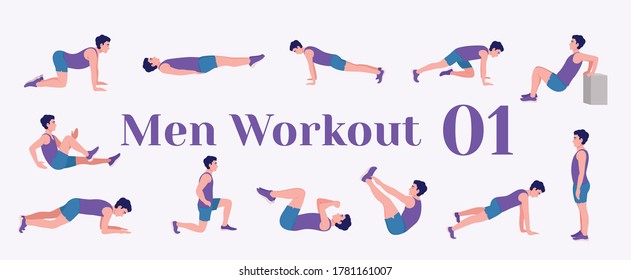 Workout men set. Men doing fitness and yoga exercises. Lunges, Pushups, Squats, Dumbbell rows, Burpees, Side planks, Situps, Glute bridge, Leg Raise, 
Russian Twist, Side Crunch, Mountain Climbers.etc