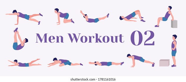 Workout men set. Men doing fitness and yoga exercises. Lunges, Pushups, Squats, Dumbbell rows, Burpees, Side planks, Situps, Glute bridge, Leg Raise, 
Russian Twist, Side Crunch, Mountain Climbers.etc