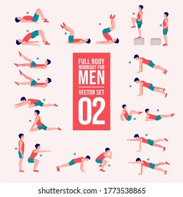 Workout men set. Male doing fitness and yoga exercises. Lunges and squats, plank and abc. Full body workout.