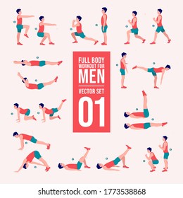 Workout men set. Male doing fitness and yoga exercises. Lunges and squats, plank and abc. Full body workout.
