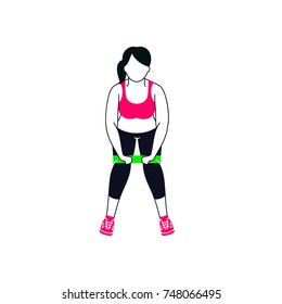 Workout with mini band. Fitness, Aerobic and workout exercise in gym. Vector set of gym icons in flat style isolated on white background. People in gym. Gym equipment.