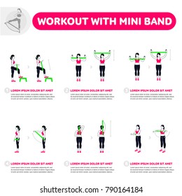 Workout with mini band. Fitness, Aerobic and workout exercise in gym. Vector set of gym icons in flat style isolated on white background. People in gym. Gym equipment. Workout with mini band. Fitness, Aerobic and workout exercise in gym. Vector set of gym icons in flat style isolated on white background. People in gym. Gym equipment.
