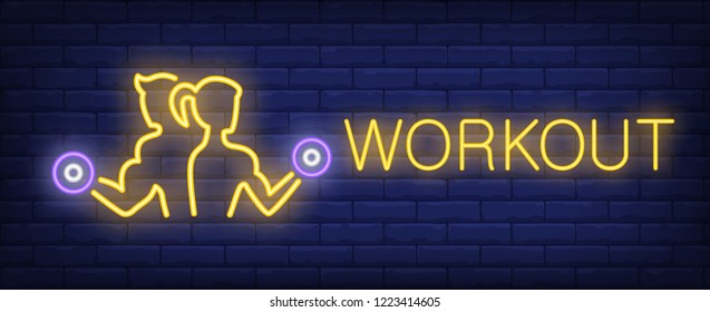 Workout neon sign. Glowing inscription with men and girl figures with barbells in hands on dark blue brick background. Can be used for topics like workout, fitness, gym, bodybuilding