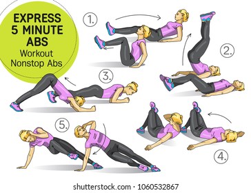 Workout Nonstop Abs, Fitness, sports, girl performs exercises step by step set of exercises, Freehand drawing