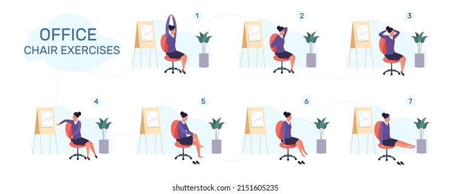 Workout Office Chair. Yoga Stretch Excercice, Sitting Exercises Break Business Work, Businesswoman Fitness Meditation, Stretching Flexible Back, Vector Illustration. Workout Body And Yoga Exercise