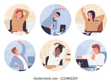 Entrenando en la oficina, gente haciendo ejercicio durante un descanso de trabajo en avatar redondo conjunto de ilustración vectorial. Caricatura de mujeres y hombres sentados, estirando el cuello, hombros y espalda para la salud corporal aislados en blanco