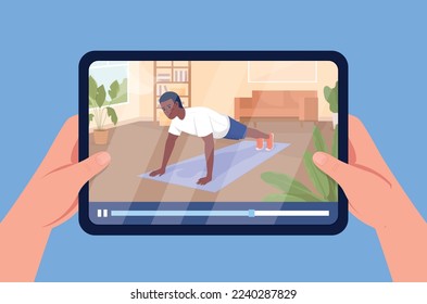 Workout online program semi flat color vector first view hand. Editable figure. Full body person on blue. Push up simple cartoon style illustration for web graphic design and animation