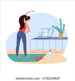 Workout online, vector. Girl goes in for sports at home by video calling on a laptop. The trainer conducts gymnastics, fitness online. A woman makes bends to the side, shakes muscles. Mat, dumbbell