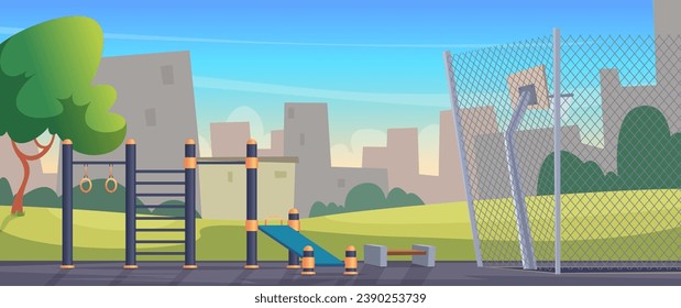 Workout outdoor. Sport equipment for active lifestyle gym machine in city park exact vector template