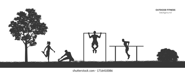 Workout panorama. Outdoor fitness. Silhouettes of training people. Park landscape with athletic men and women. Sports action. Vector illustration