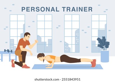 Workout personal trainer kneeling near a women at gym and coaching for doing the correct plank pose. Activity in a fitness club. gym background.