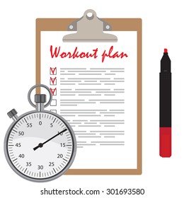 Workout plan with checkboxes on clipboard, red marker pen and stopwatch counter. 