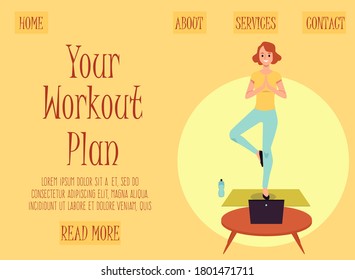 Workout plan website banner with cartoon woman doing yoga at home white following tutorial or watching video lesson on laptop. Vector illustration.